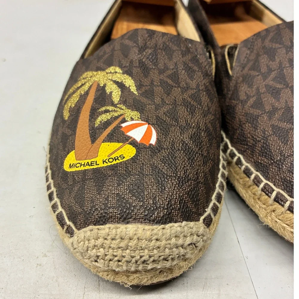 Michael Kors Espadrilles Women's 8.5M Brown Monogram Palm Tree Slip On Beach